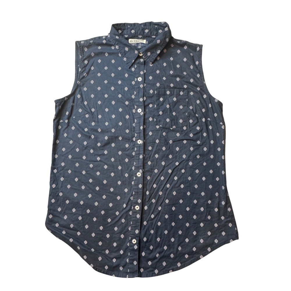 Magellan Shirt Womens XL Navy Blue Happy Camper Sleeveless Button Down Geometric
